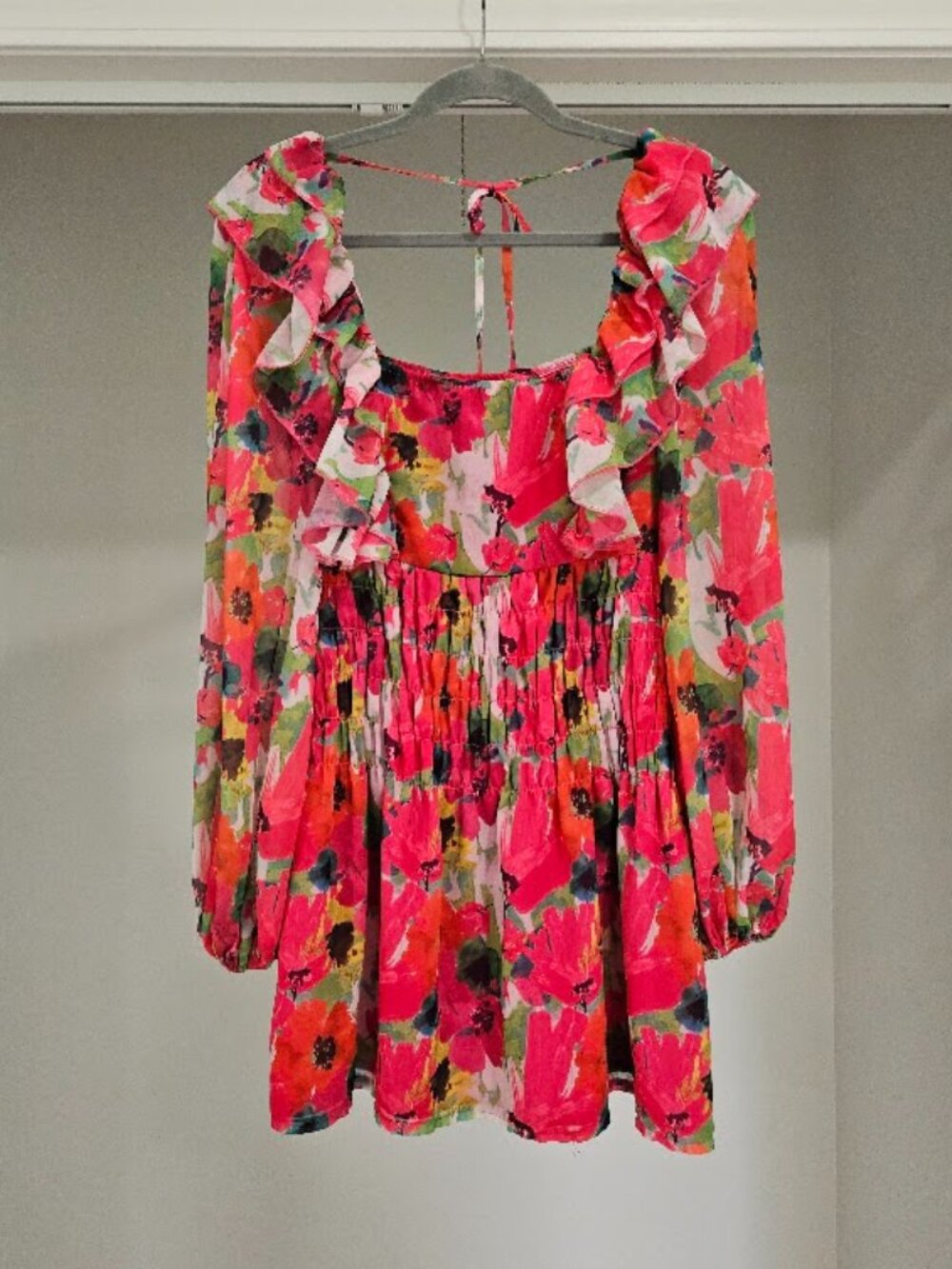 Prettylittlething euro garden fairycore neon floral ruffle mini dress pink 2